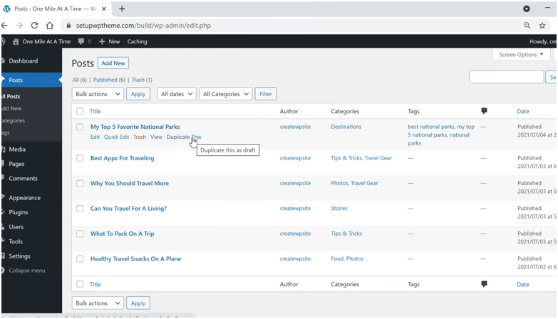 Hover over the page you want to duplicate.